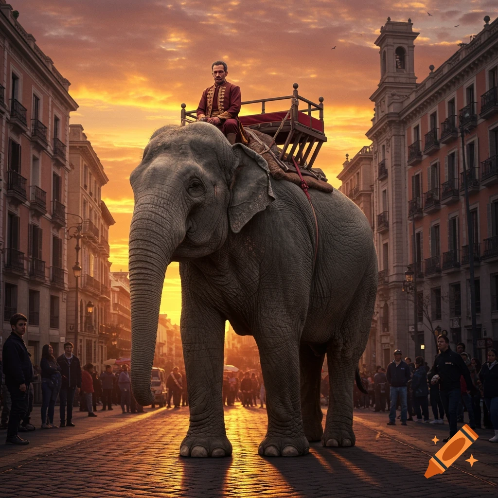 Man in historical attire rides a large elephant down a bustling city street at sunset, with old buildings.