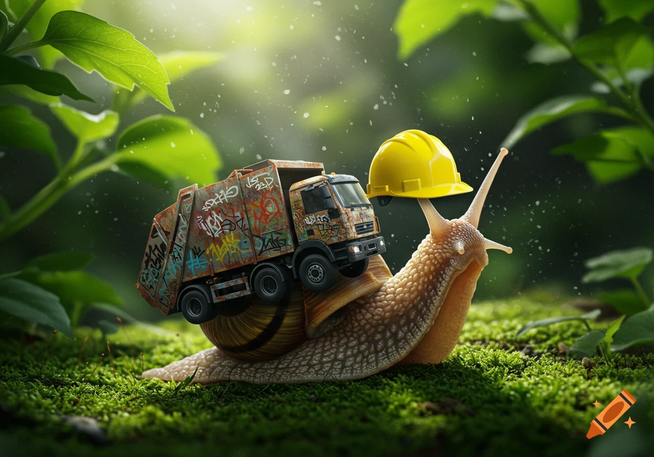 A photorealistic snail wears a yellow hard hat and carries a graffiti-covered garbage truck as its shell on mossy ground.