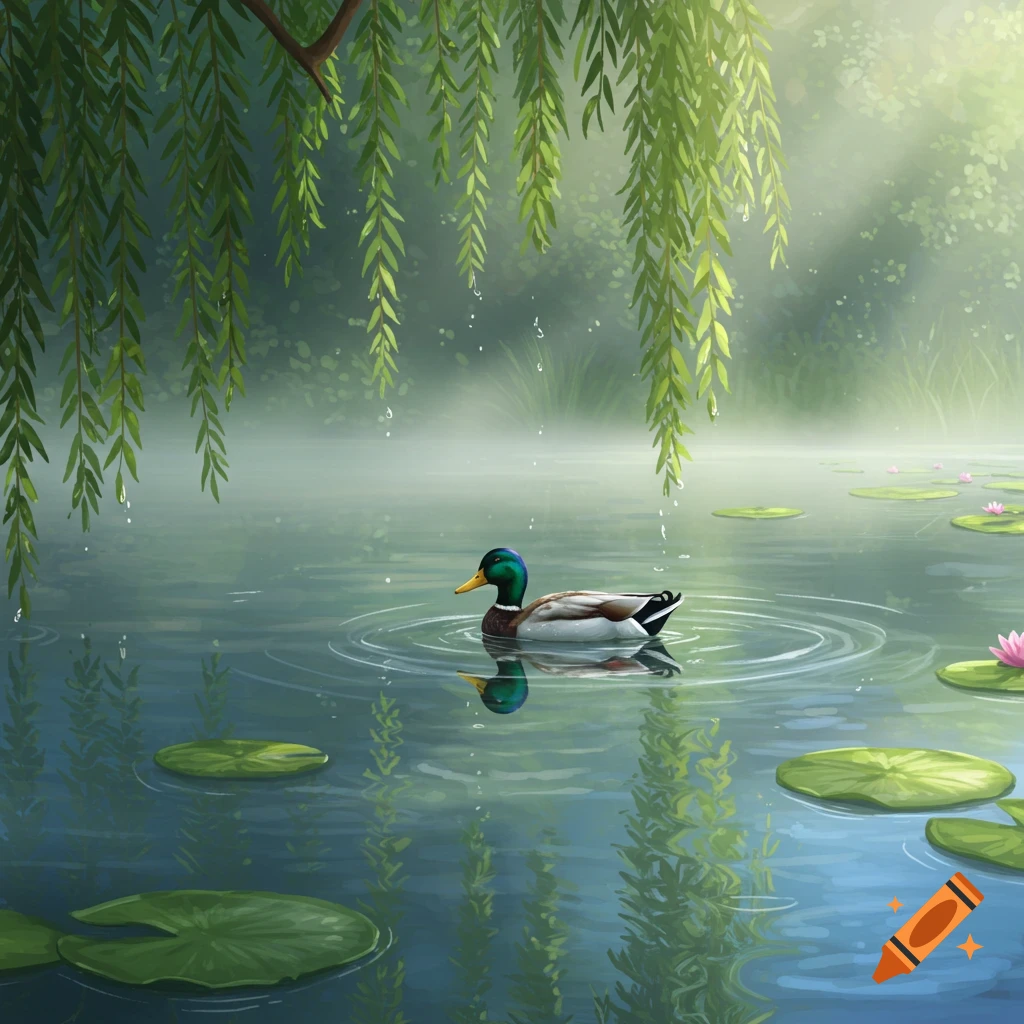A colorful mallard duck swims in a serene pond under weeping willow branches, with lily pads and mist.