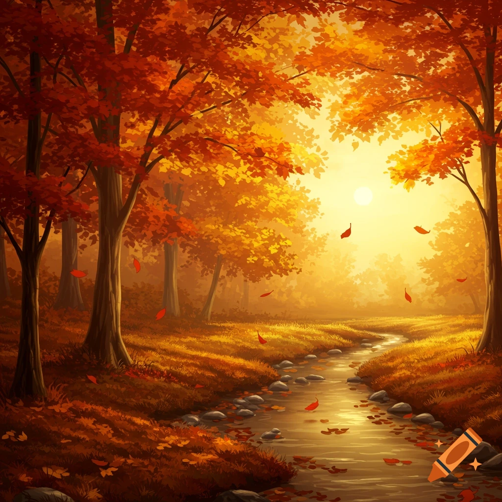 Vibrant illustration of an autumn forest with a winding stream, golden trees, and falling red leaves under a hazy sun.