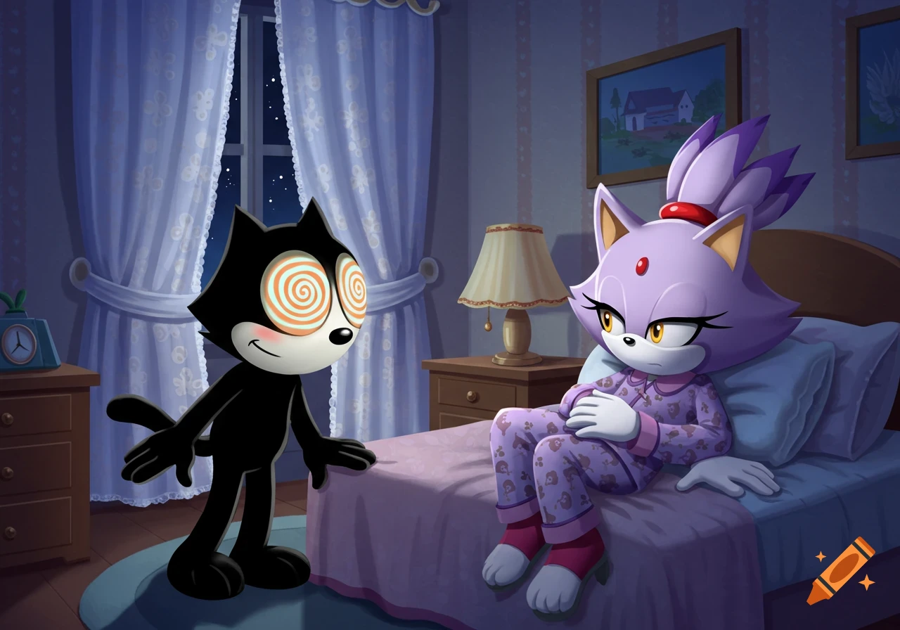 Cartoon Felix the Cat with spiral eyes looks at Blaze the Cat in pajamas sitting on a bed in a dimly lit bedroom.