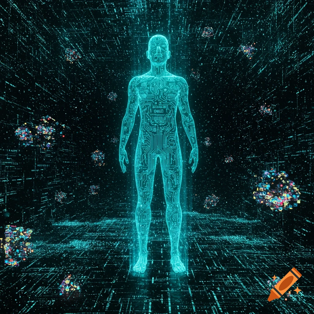 A glowing, cyan circuit board human figure stands in a dark digital space with scattered colorful data. Futuristic digital art.