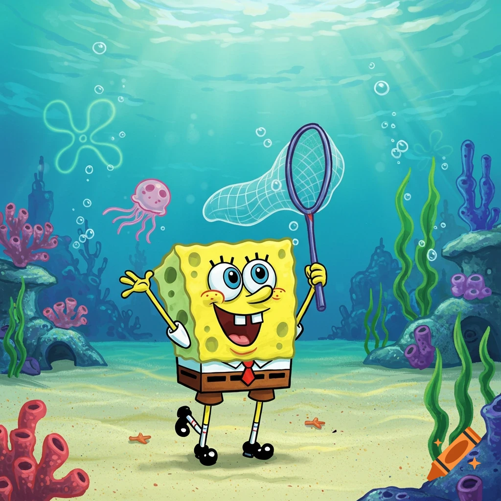 Spongebob Squarepants happily walking underwater with a jellyfish net, with a jellyfish in the background.
