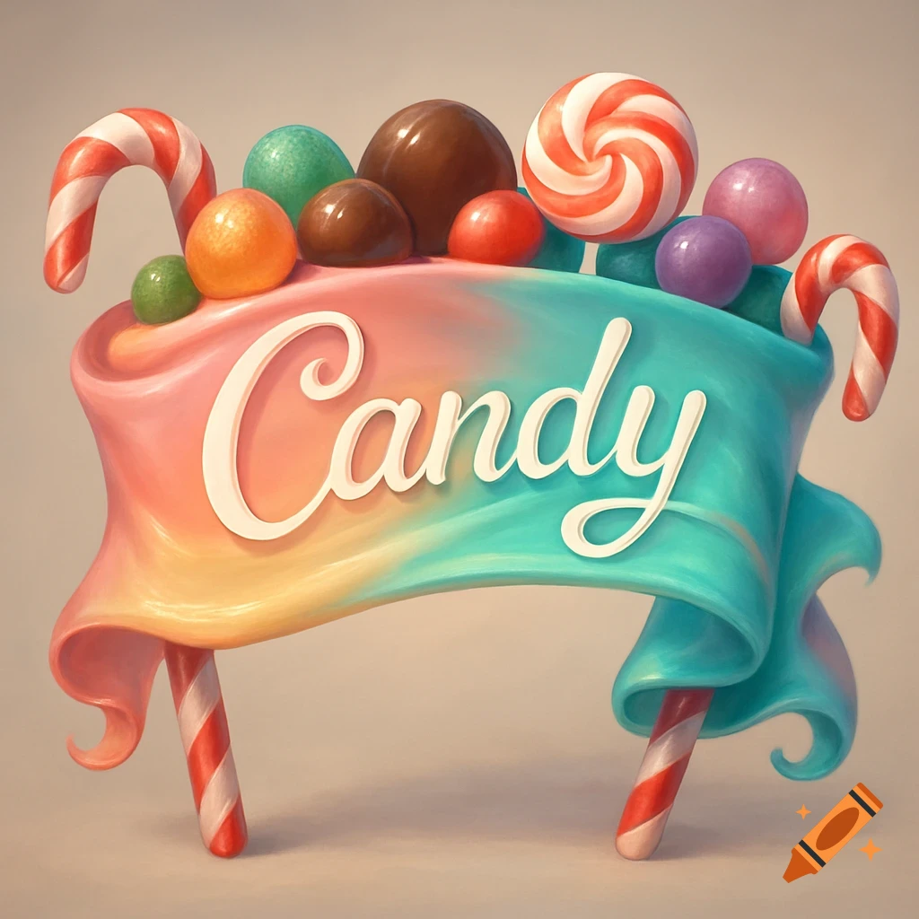 A colorful, curved banner reading 'Candy', surrounded by various sweets like lollipops, candy canes, and round candies on a light background.