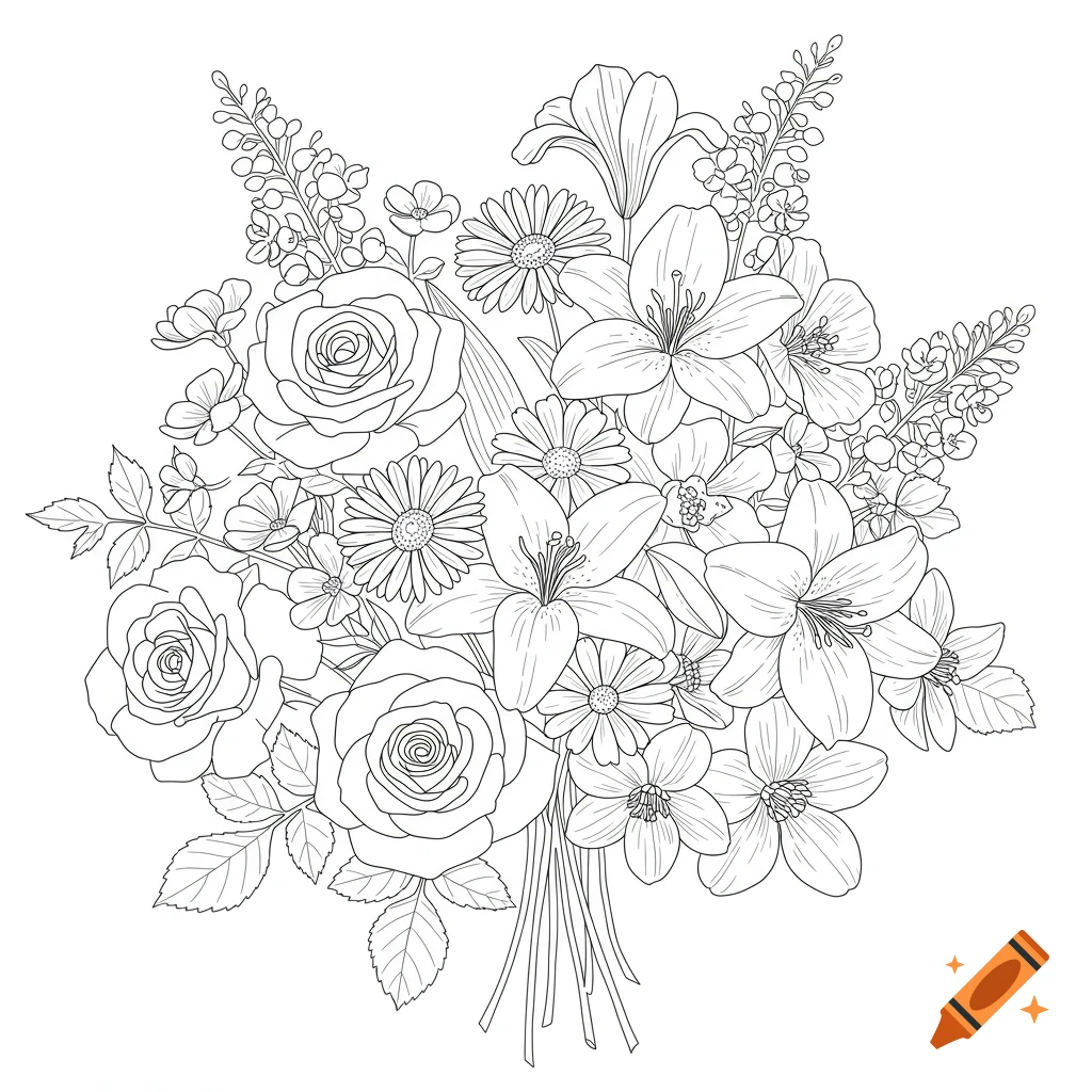 Line art drawing of a detailed bouquet of various flowers, including roses, lilies, and daisies, with clean outlines, suitable for coloring.