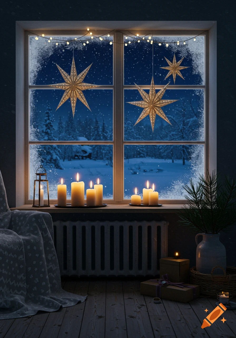 A cozy room in winter, showing a frosted window with illuminated star decorations and lit candles on the sill, looking out to a snowy night.