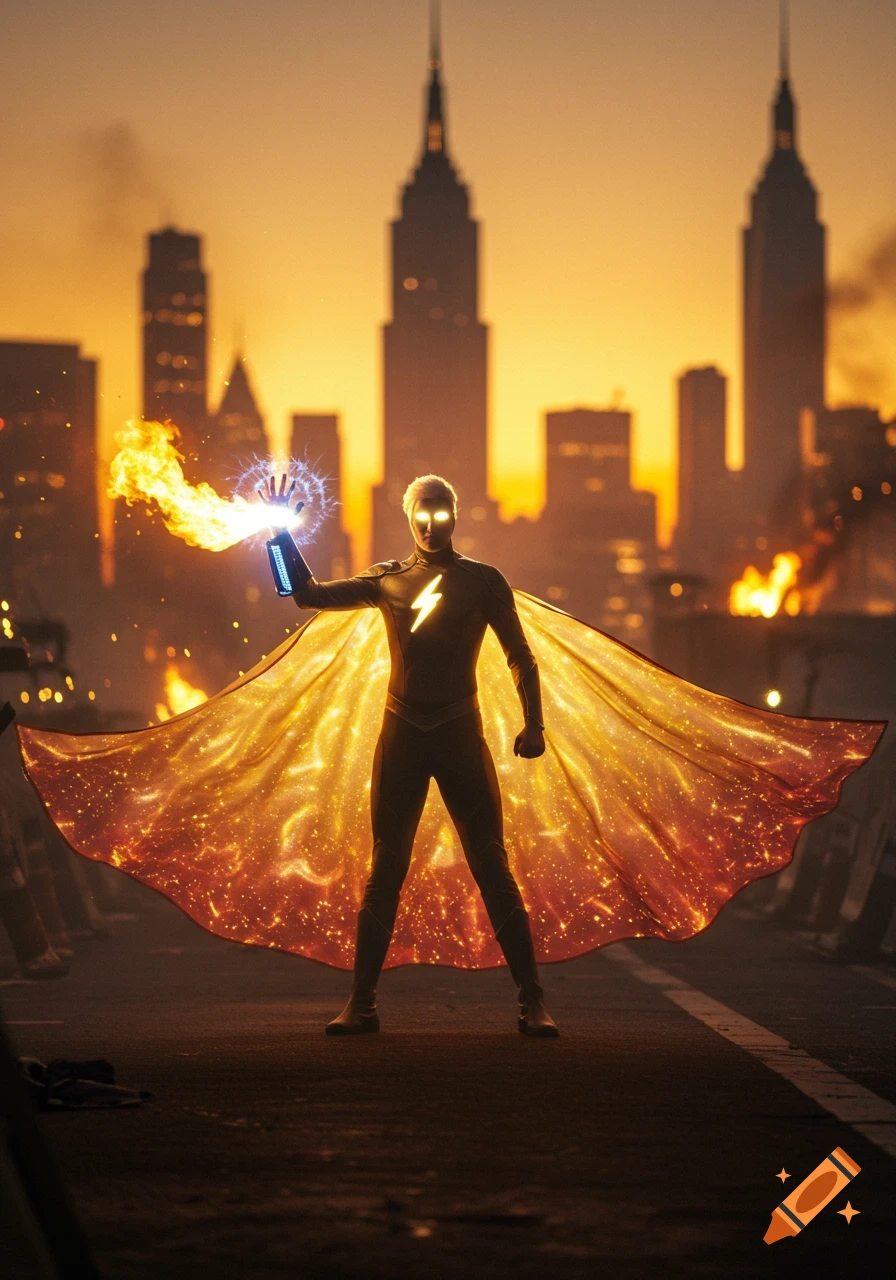 A superhero with glowing eyes and a lightning bolt symbol stands in a cityscape at sunset, generating fire and electricity from his hand, with a shimmering, starry cape.