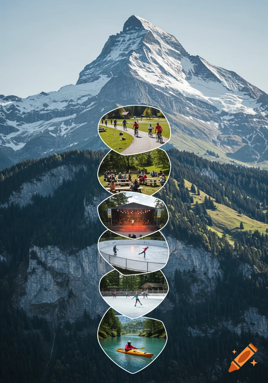 Photorealistic collage of a snow-capped mountain backdrop with vertical cutouts showing cycling, picnicking, and ice skating.