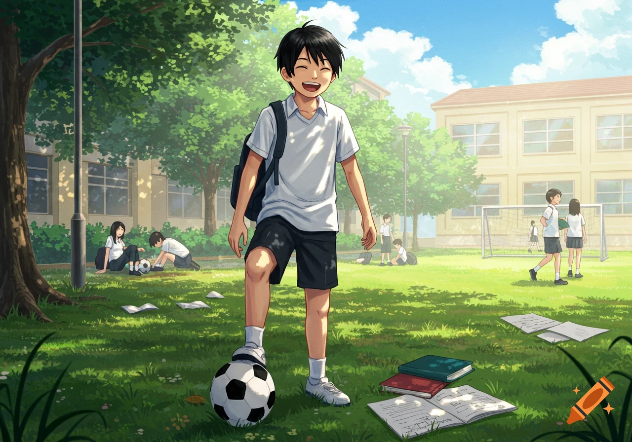 A smiling anime boy with a soccer ball on a sunny school campus with other students and buildings in the background.