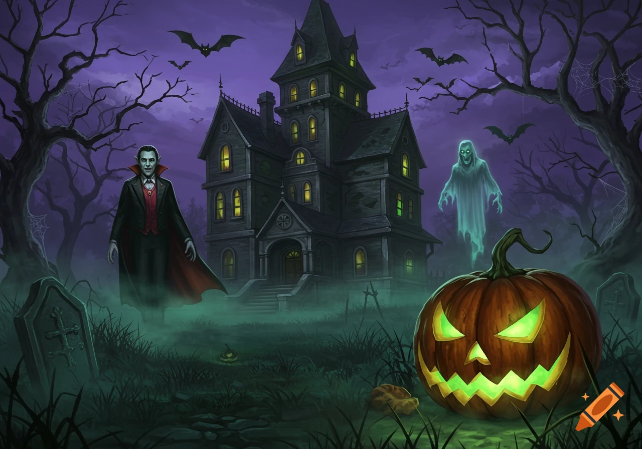 A vampire, ghost, and glowing jack-o'-lantern stand before a spooky haunted mansion with bats flying in the dark purple sky.
