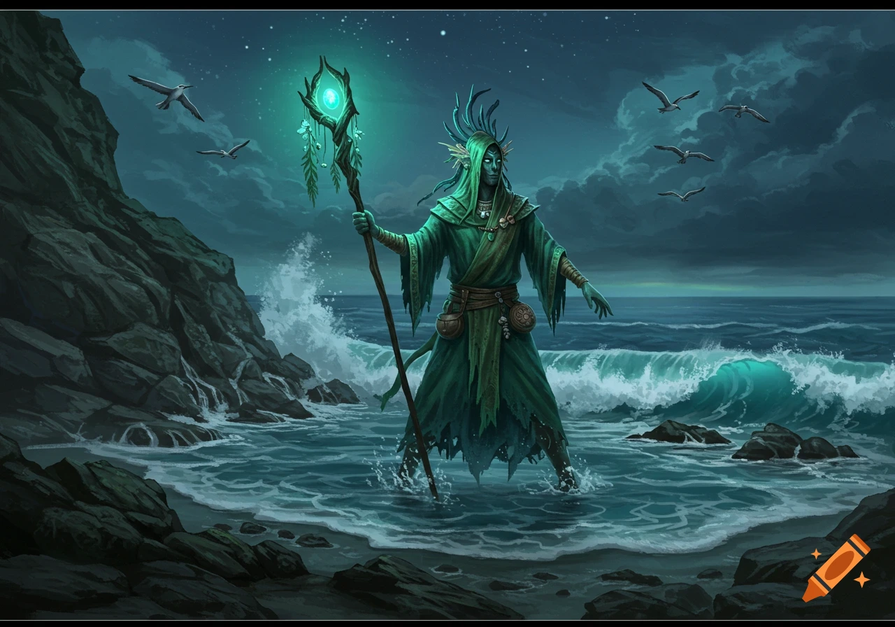 A green-skinned sea shaman in robes stands in turbulent ocean water, holding a glowing staff, under a night sky with birds and dark cliffs, in a digital painting.