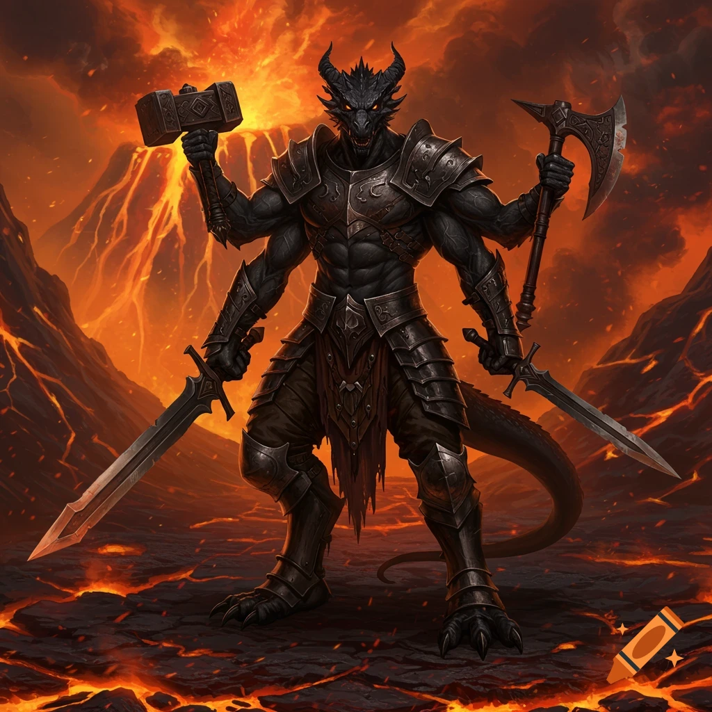 A four-armed black dragon-born warrior in dark armor holds a hammer, axe, and two swords in a fiery volcanic landscape.
