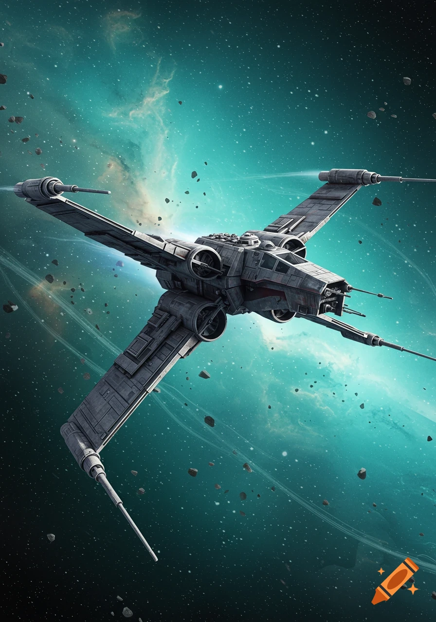 A detailed B-wing starfighter flies through a vibrant blue-green nebula filled with stars and asteroids.