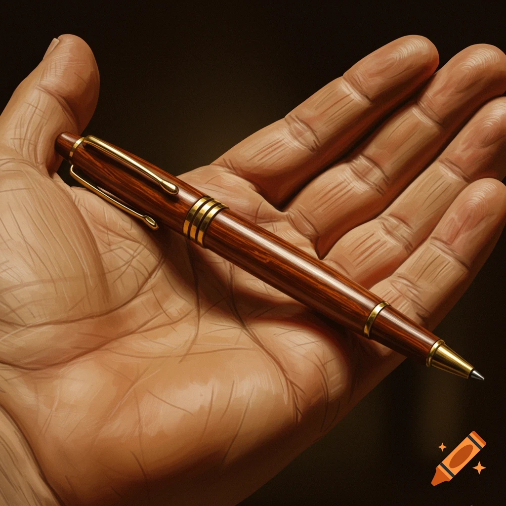 A richly detailed wooden pen with gold accents rests on an open palm, depicted in a painterly style.