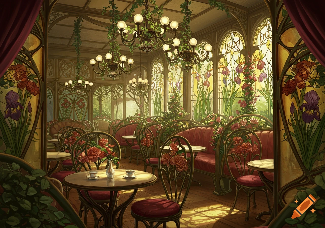 An elegant Art Nouveau cafe interior filled with stained glass, red velvet seating, floral chandeliers, and tables set for tea.