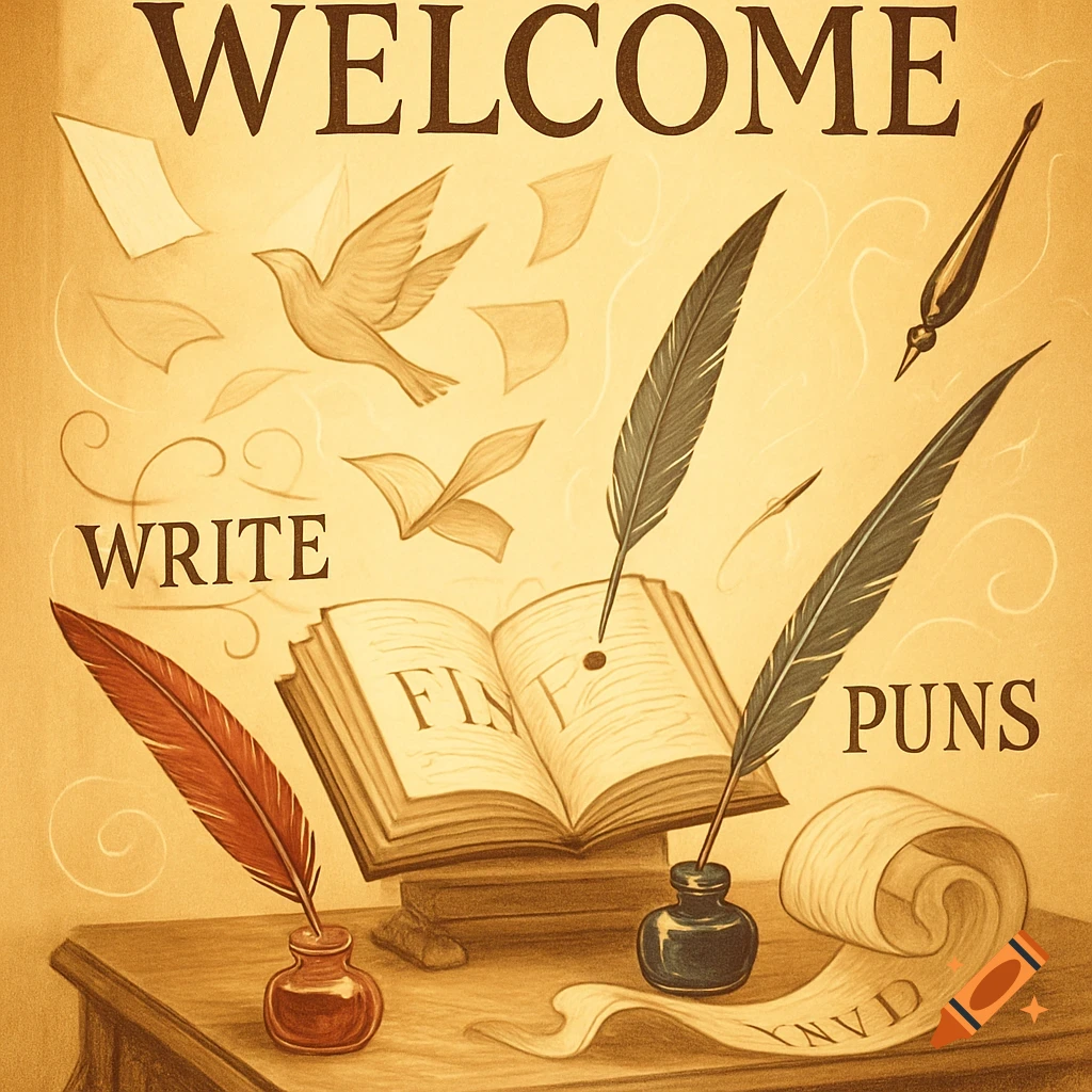 An old-fashioned illustration depicting a desk with inkwells, quill pens, an open book, and a scroll, with floating papers and birds, against a warm golden background. Text reads "WELCOME", "WRITE", "PUNS".