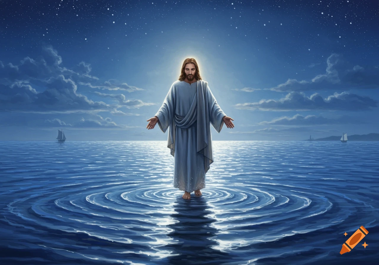 Jesus with arms outstretched walks on calm water under a starry night sky with distant boats, in a digital painting.
