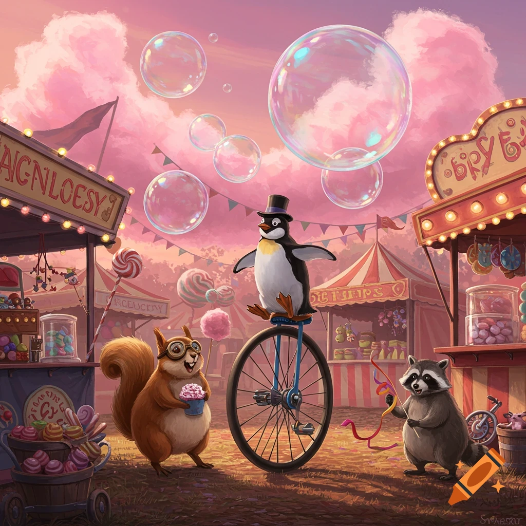 A cartoon penguin on a unicycle, a squirrel with ice cream, and a raccoon at a whimsical pink carnival.