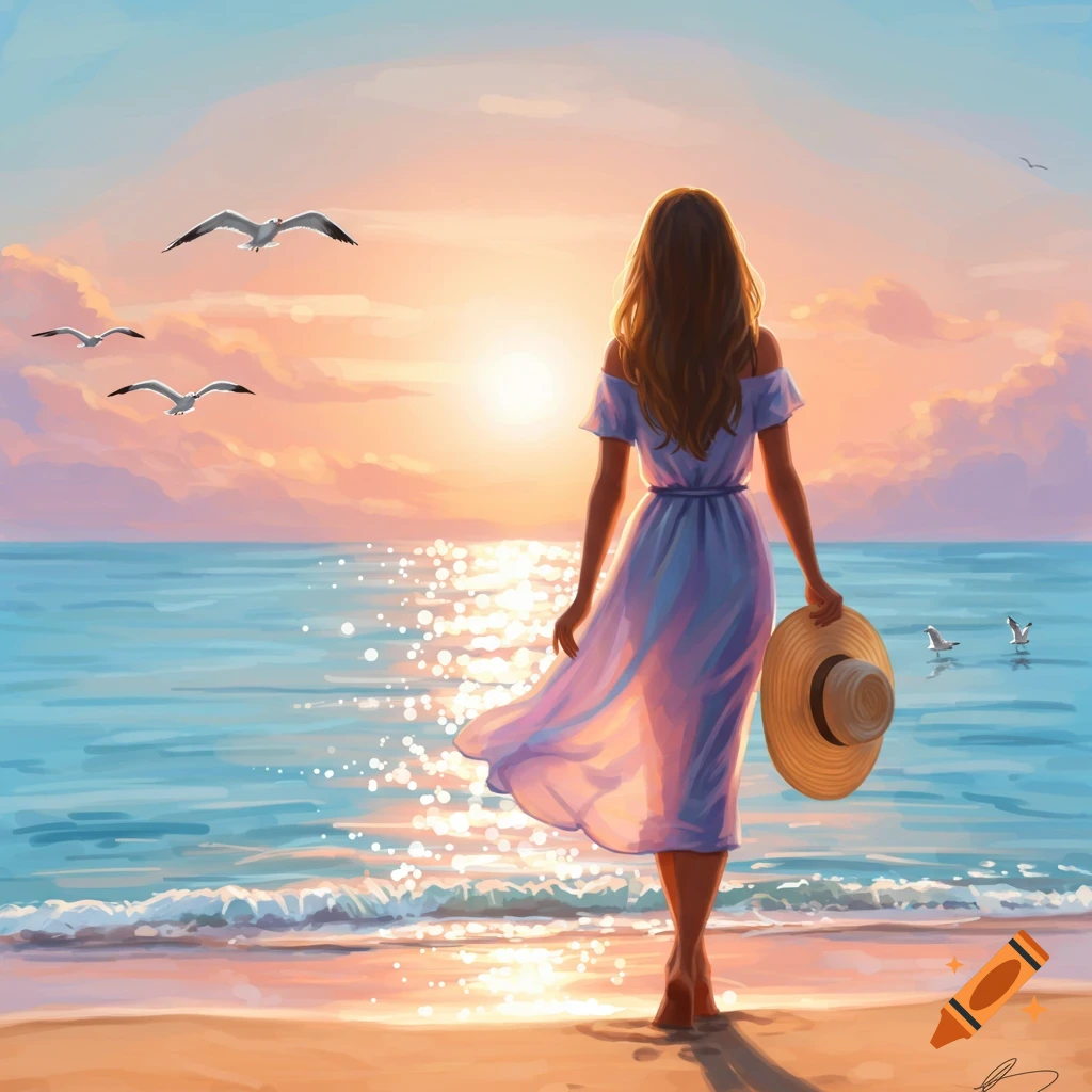 Illustration of a woman in a dress walking barefoot on a beach towards the sunset, holding a straw hat, with seagulls flying.