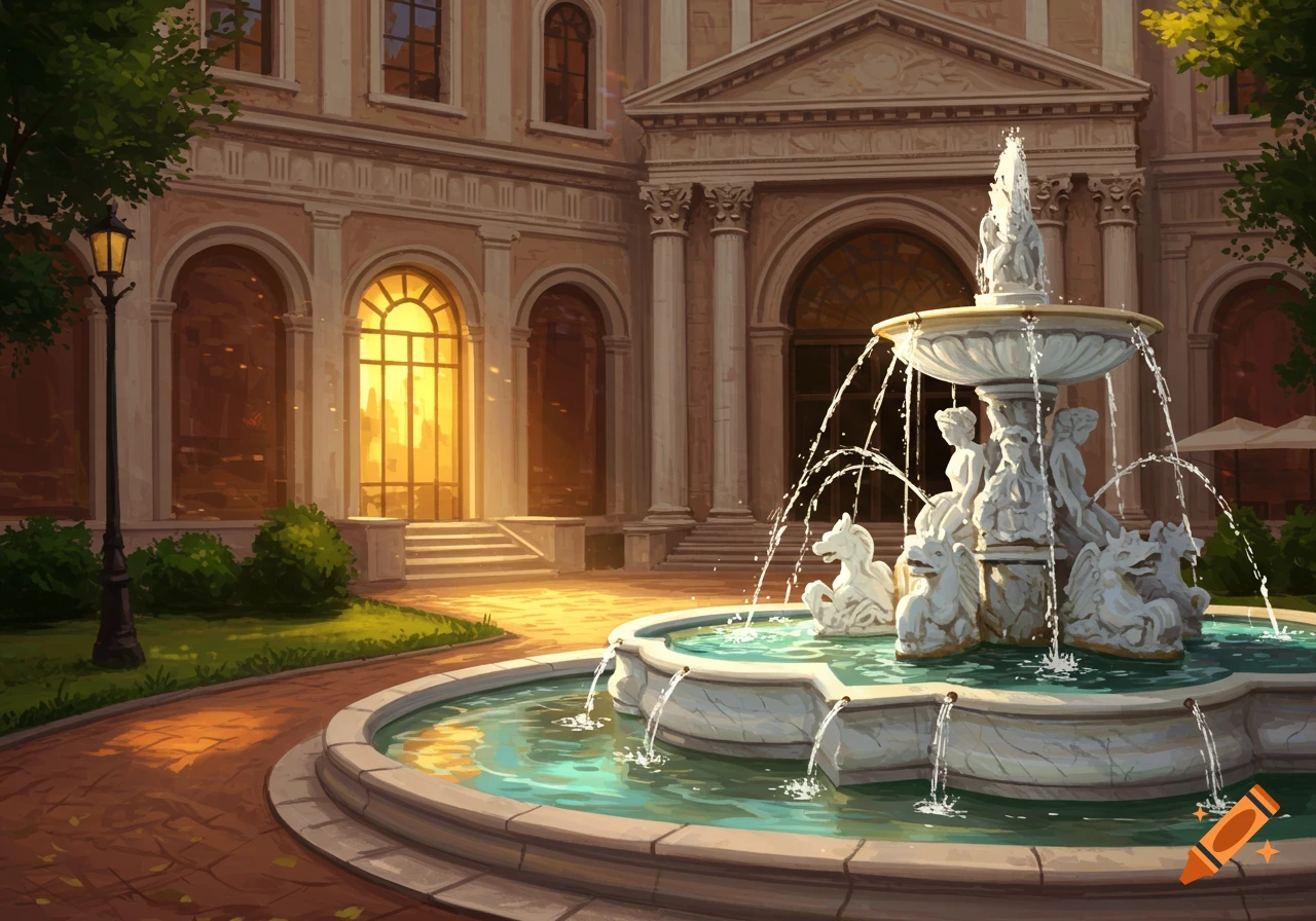 A grand classical building's courtyard features a large ornate fountain with statues, bathed in warm sunlight.