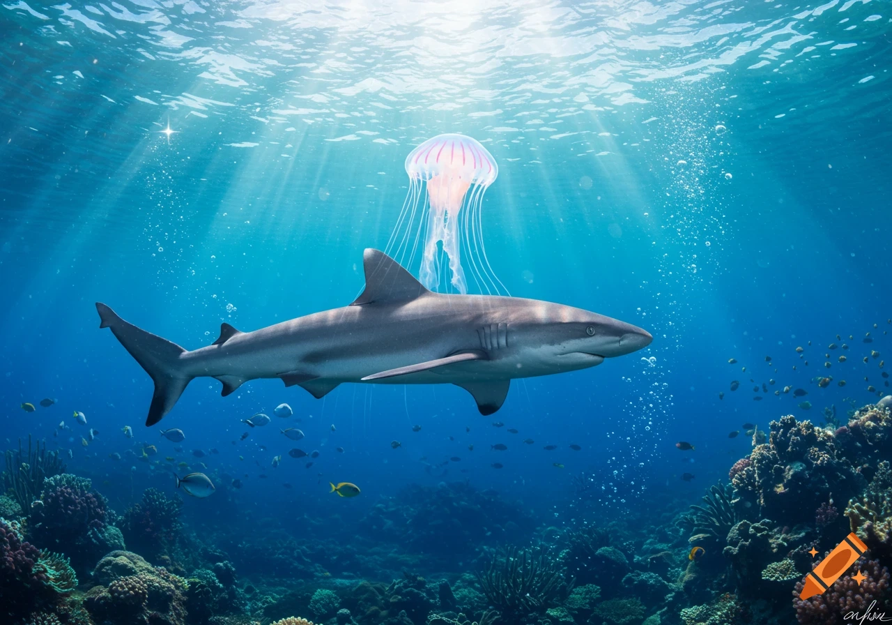 Photorealistic underwater scene with a shark swimming below a jellyfish, sun rays piercing the blue ocean over a vibrant coral reef.
