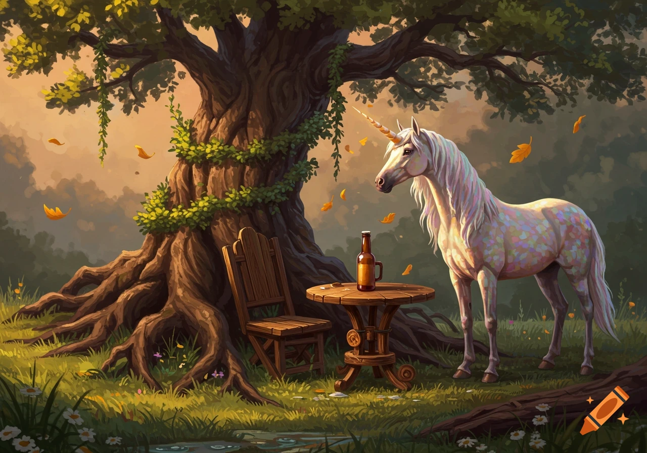 An illustrated unicorn in a sunlit forest clearing with a large tree, a wooden table, chair, and beer bottle.