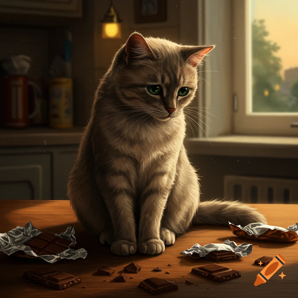 A sad, photorealistic tabby cat with green eyes sits on a wooden kitchen table surrounded by scattered chocolate bars and pieces.