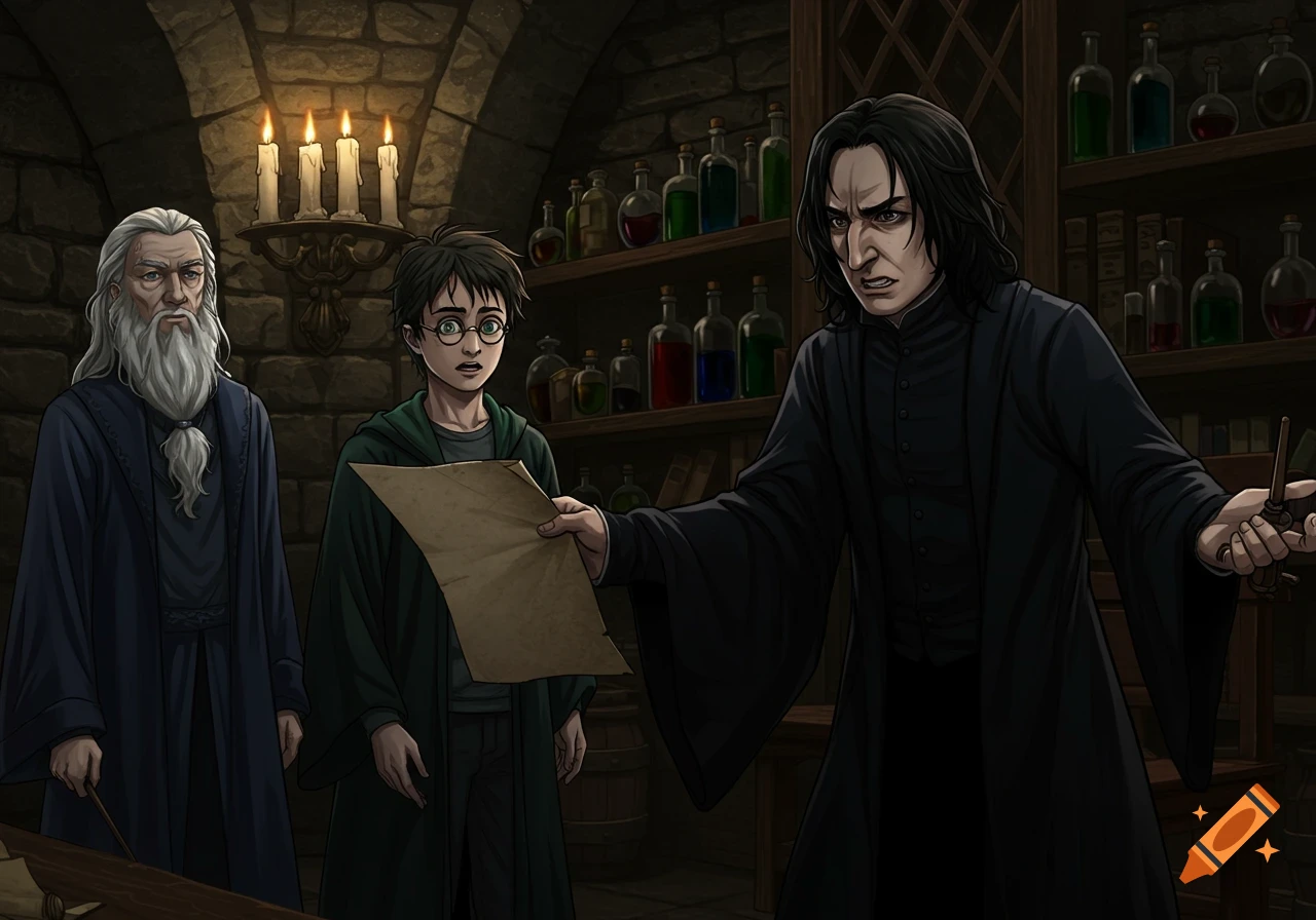 Dumbledore, Harry Potter, and an angry Snape in a dimly lit dungeon. Snape holds a blank parchment toward a shocked Harry.