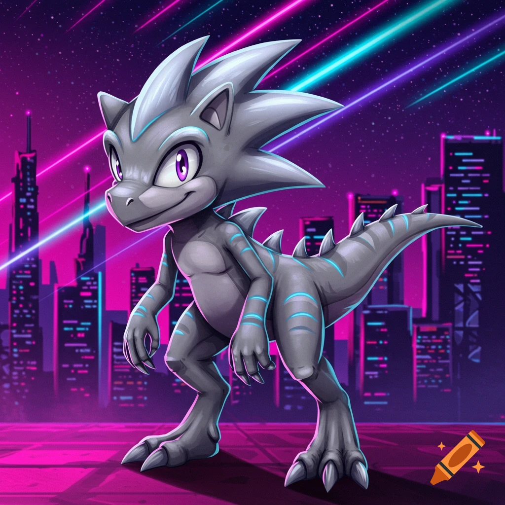 A grey, spiky dinosaur-like creature with purple eyes stands in a vibrant neon futuristic city, styled like a cartoon character.
