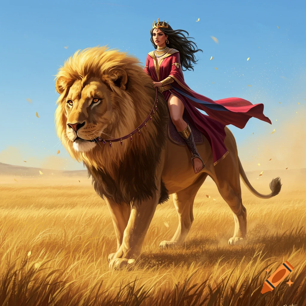 A regal woman in a red gown rides a majestic lion through a golden grassy field under a clear blue sky.