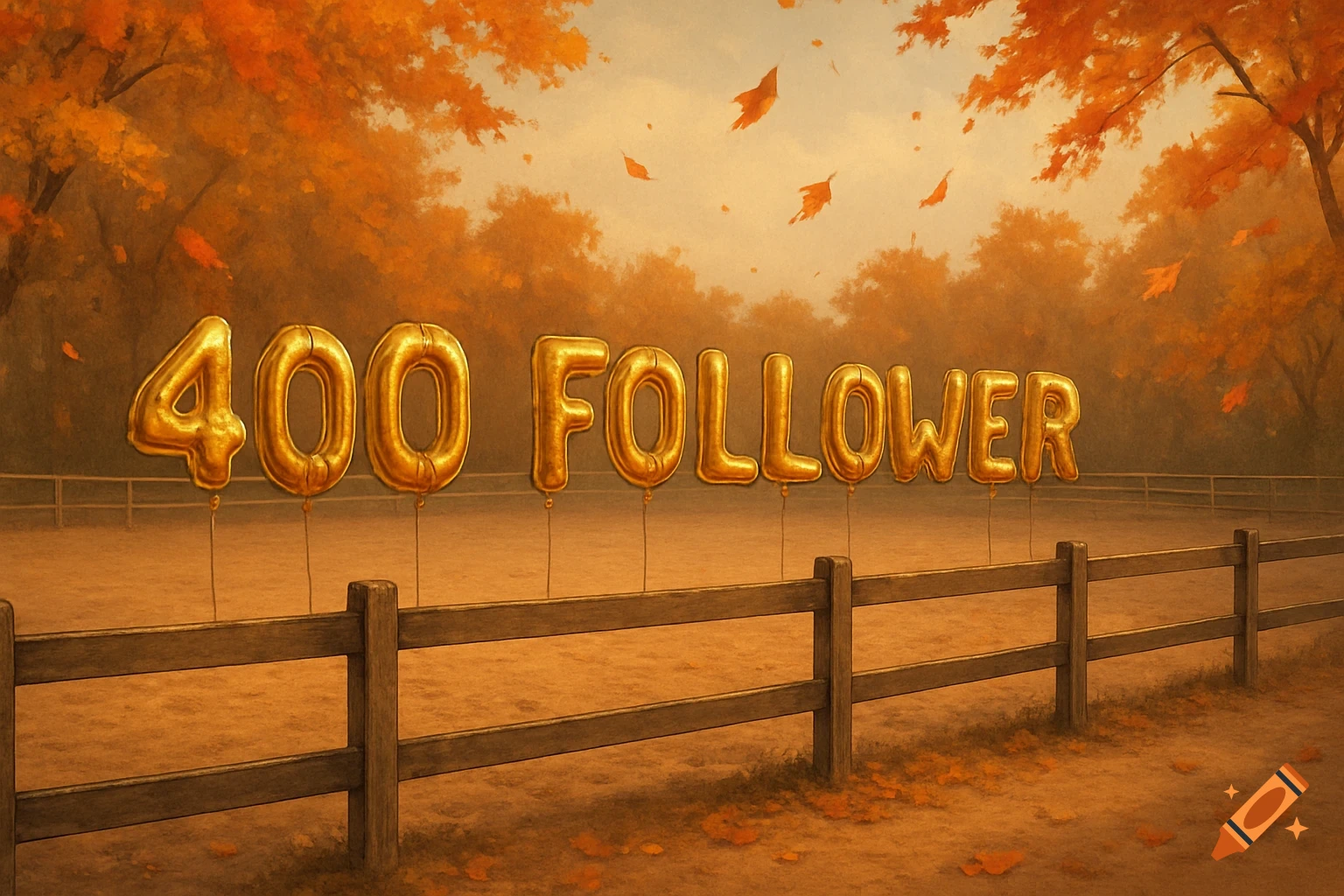 Golden balloons spelling "400 FOLLOWER" float above a wooden fence in a vibrant autumn landscape with falling leaves.