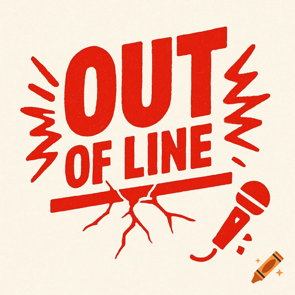 Red and white bold logo for "OUT OF LINE" with dynamic lines and a stylized microphone.