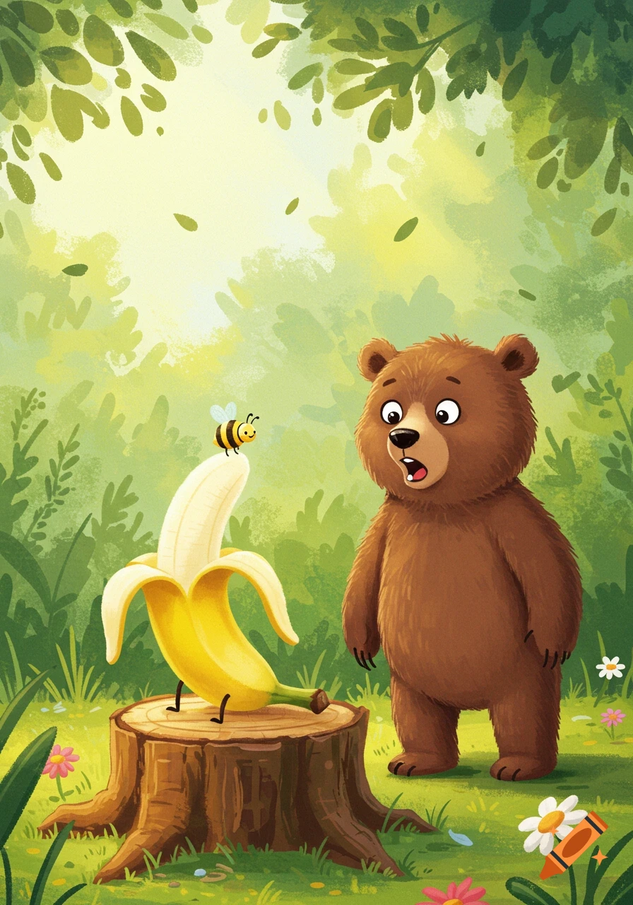 A cartoon bear looks surprised at a peeled banana with a bee sitting on it, on a tree stump in a vibrant children's book style forest.