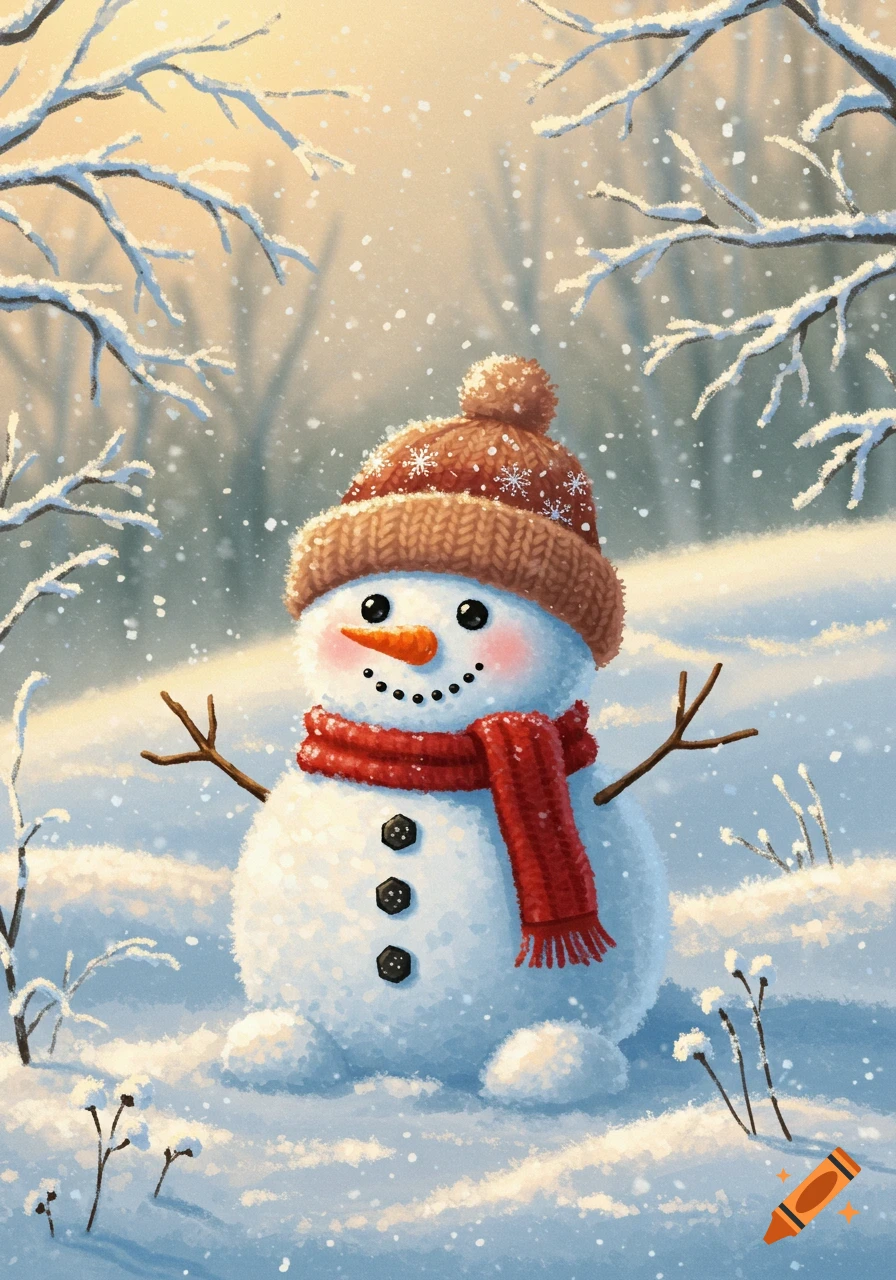A cute, smiling snowman with a carrot nose, button eyes, red scarf, and knitted hat in a snowy winter forest.