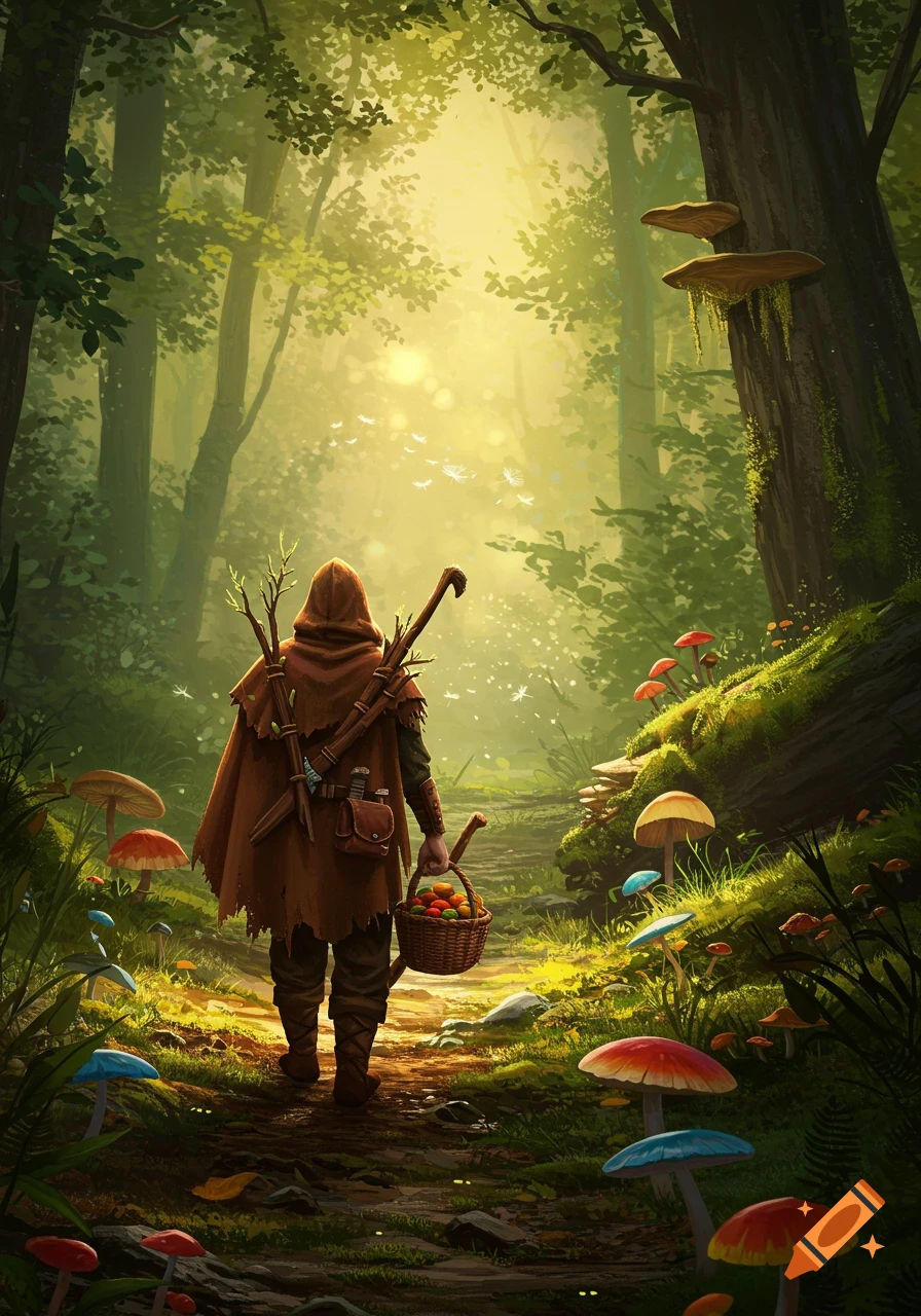 A hooded wanderer walks through a sunlit, magical forest, carrying a basket of colorful mushrooms on a path surrounded by giant fungi.