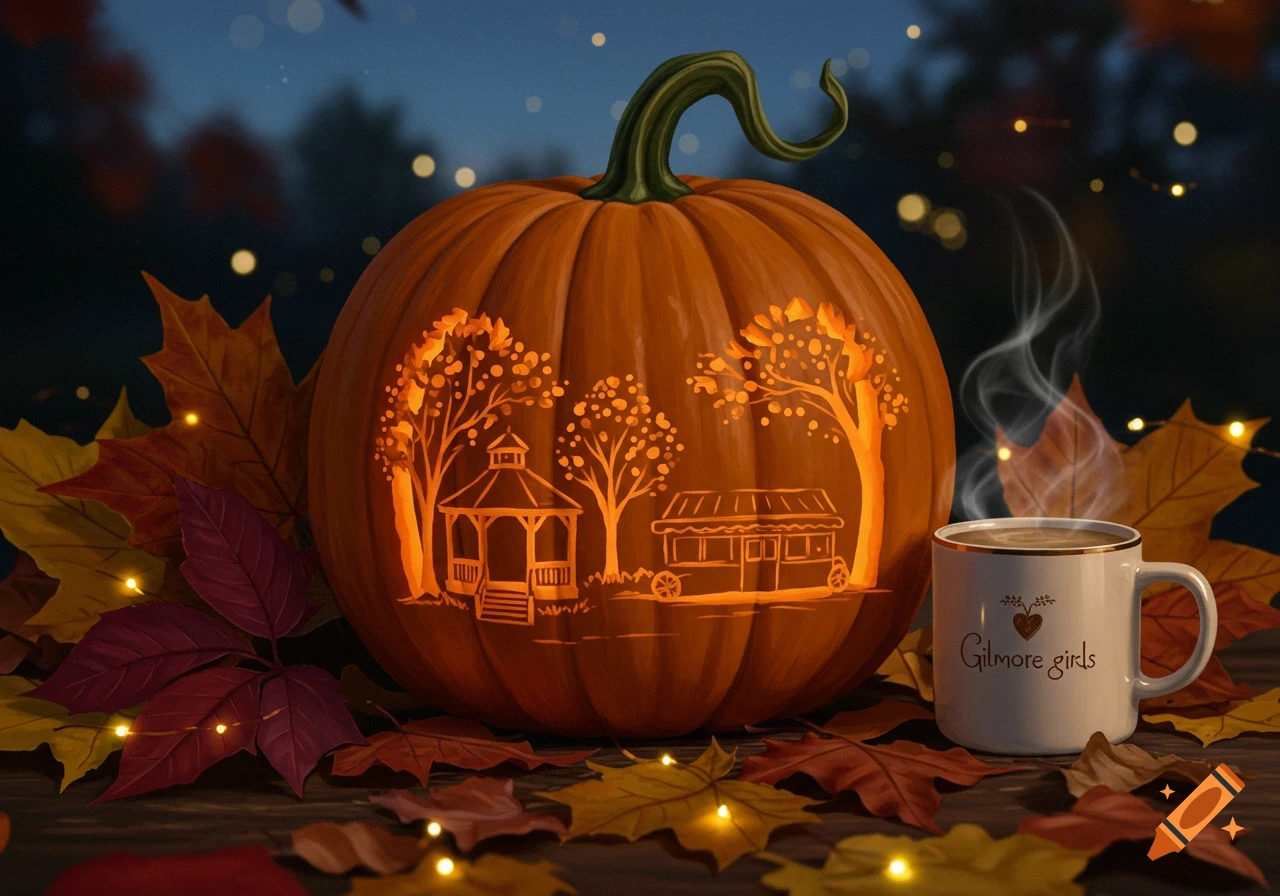 A carved pumpkin depicts a gazebo and a diner cart, surrounded by autumn leaves and a steaming mug that reads 'Gilmore girls'.
