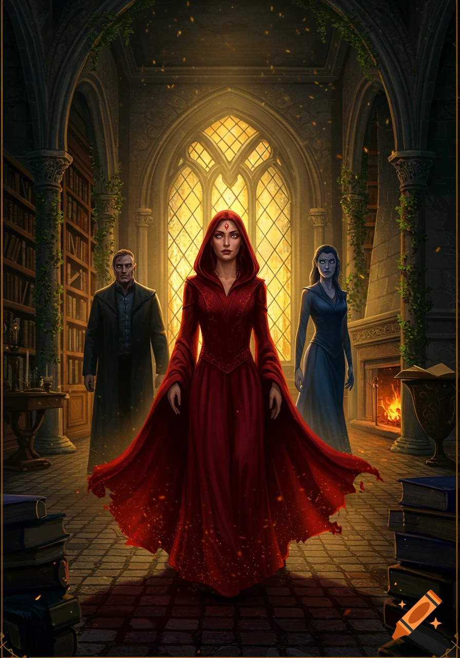 A woman in a red hooded dress stands centrally in a grand library, flanked by a man and a woman, with a large arched window behind.