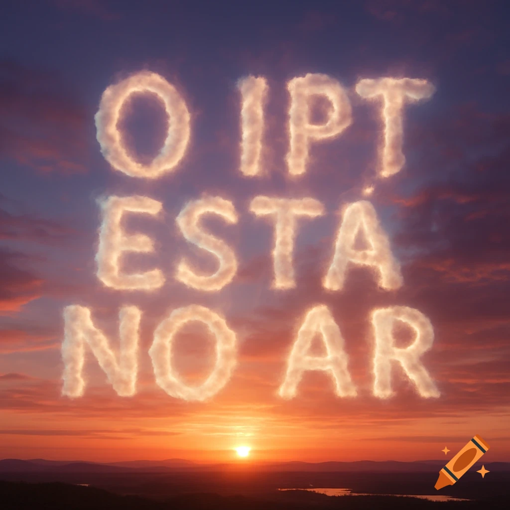 Text 'O IPT ESTA NO AR' formed by glowing clouds against a vibrant sunset sky over a landscape.