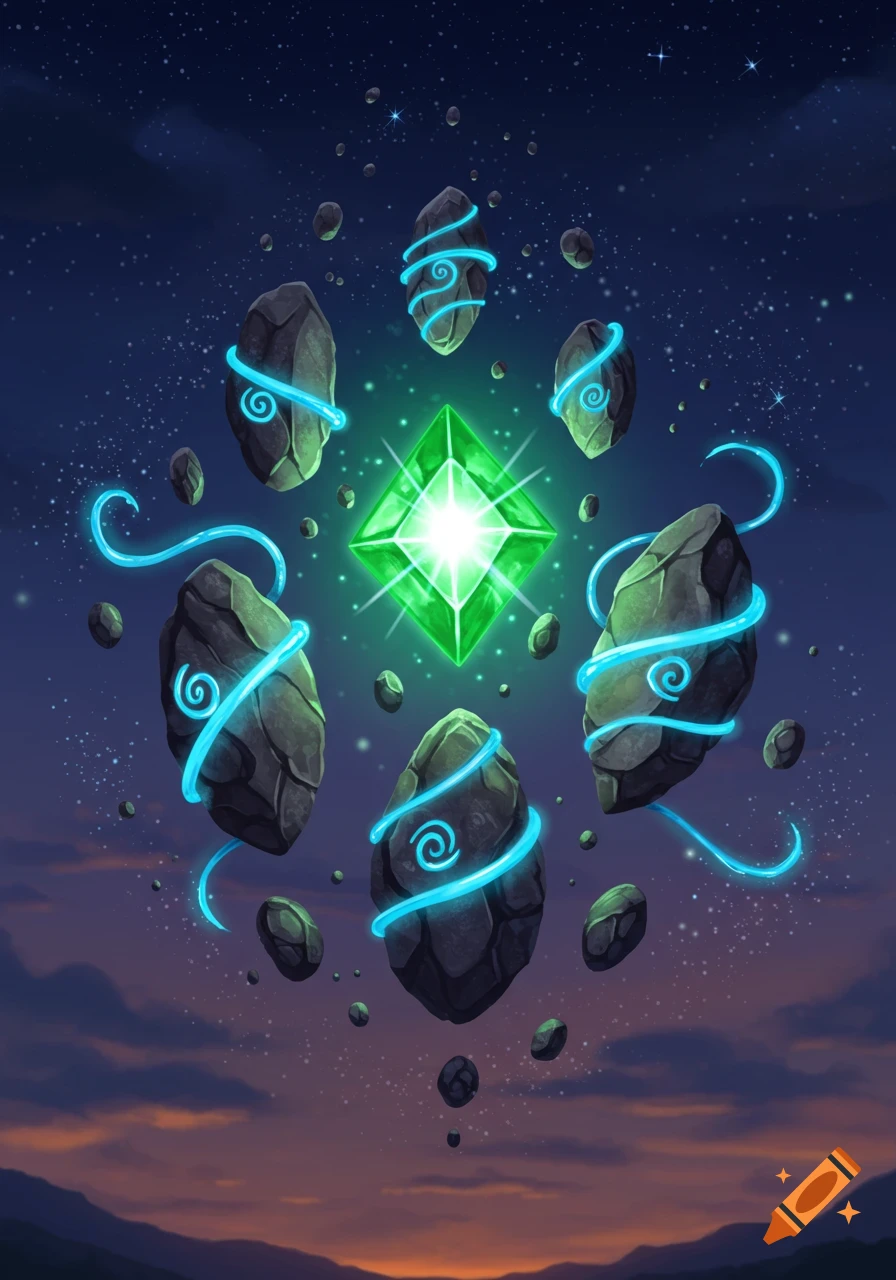 A bright green gem surrounded by glowing blue light and floating dark stones against a starry sky with a sunset horizon.