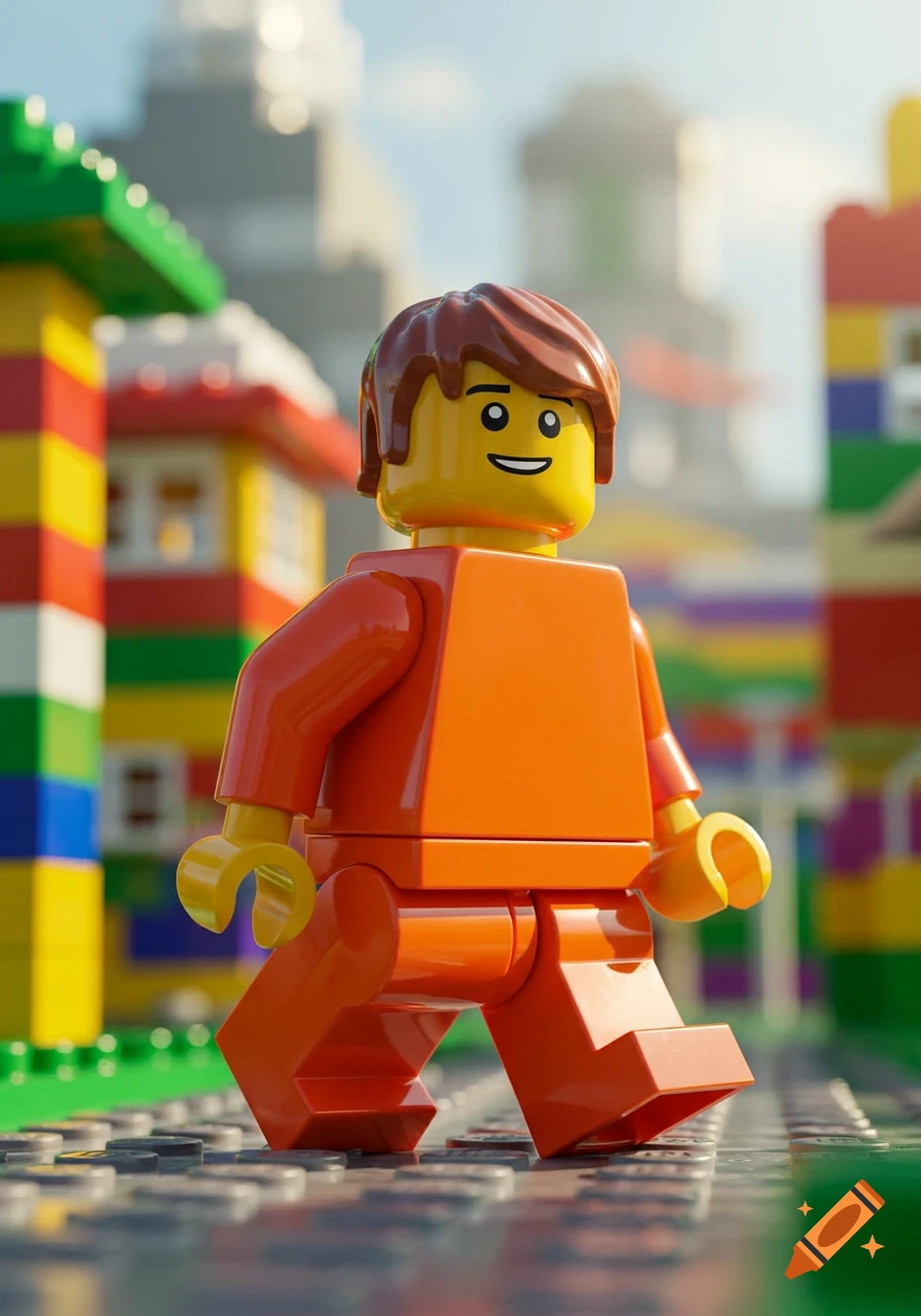 A photorealistic image of an orange Lego minifigure with brown hair walking on a baseplate in a colorful Lego city.