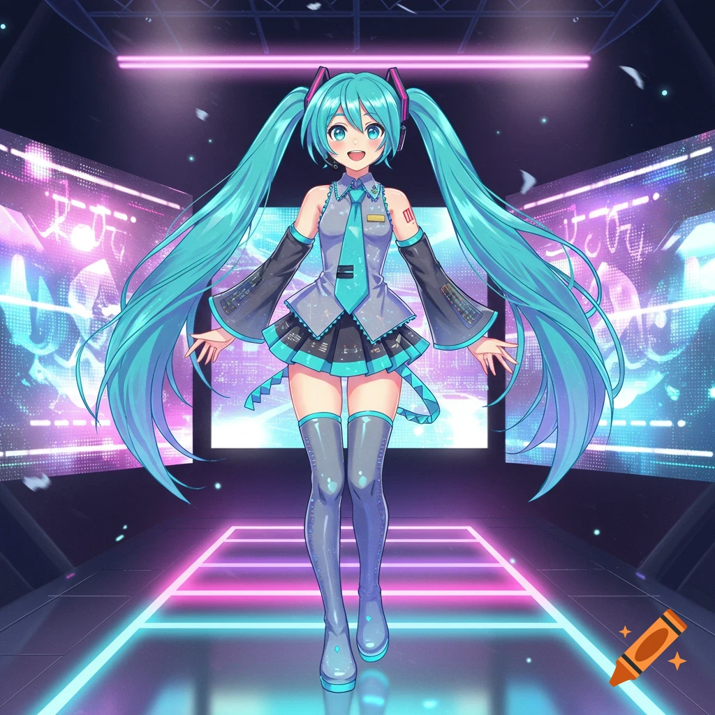Hatsune Miku, an anime character, stands on a neon-lit stage with glowing digital screens in the background, smiling.