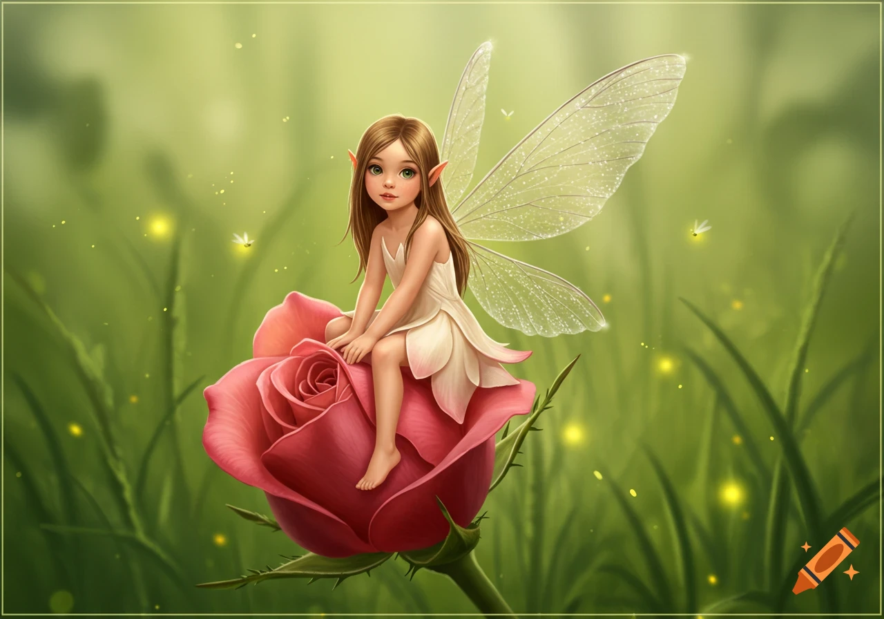 A cute fairy with brown hair and green eyes sits on a pink rose in a magical forest with fireflies, in an illustrated style.