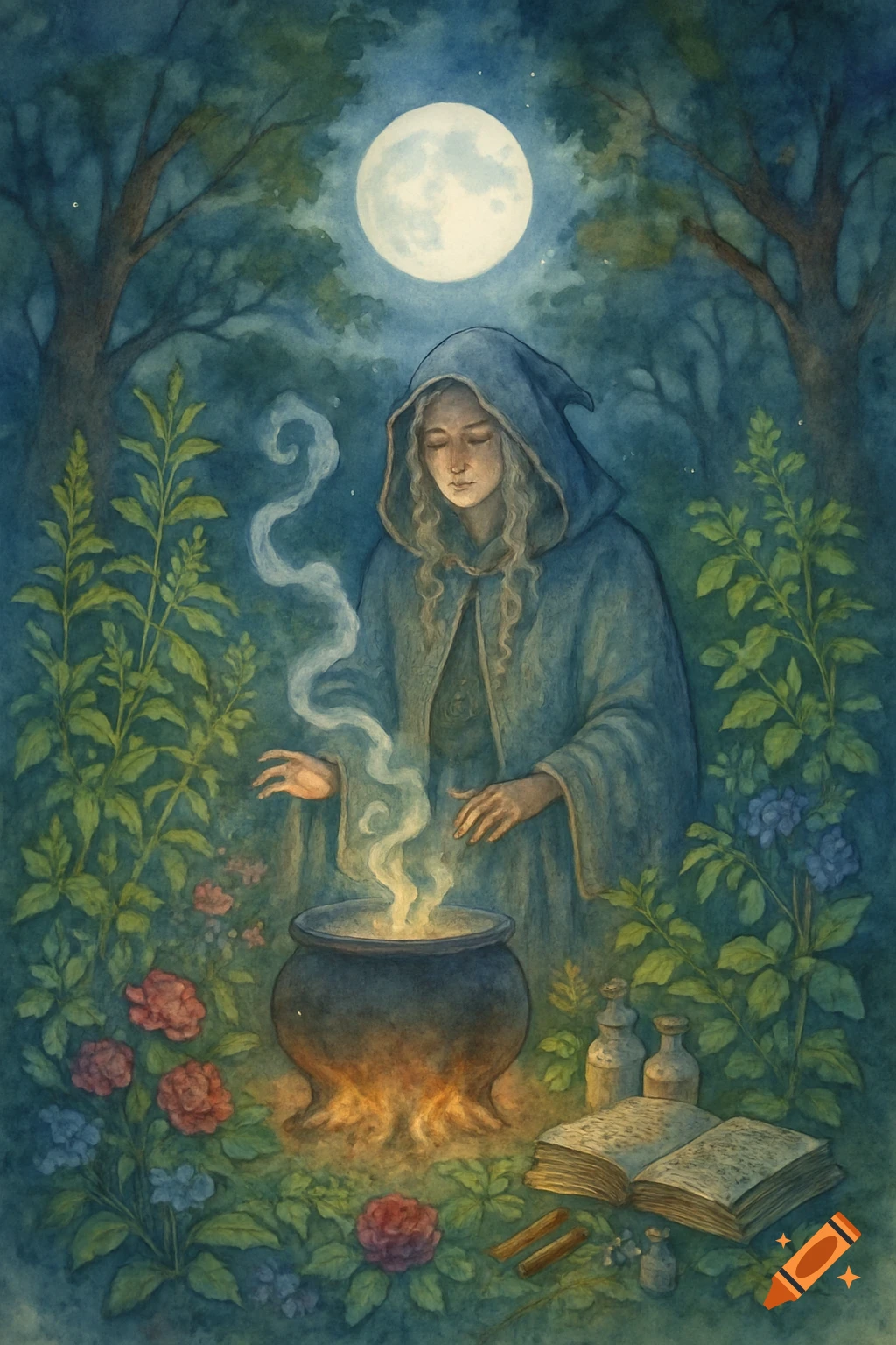 A cloaked witch stirs a glowing cauldron in a moonlit forest, surrounded by plants and an open grimoire, in a watercolor style.
