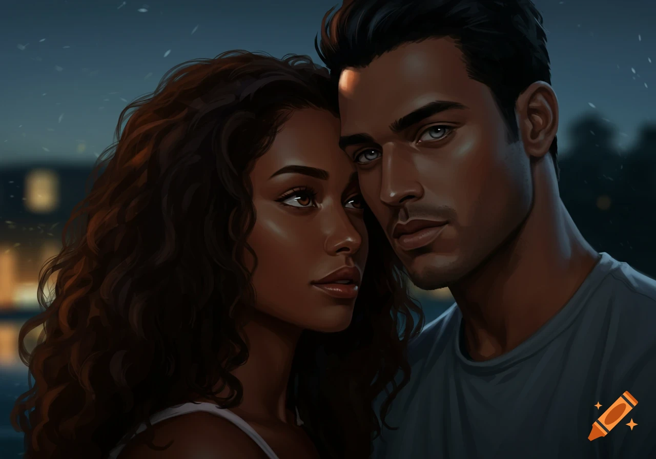 Close-up digital painting of a dark-skinned couple with curly hair, looking into each other's eyes against a dark background.