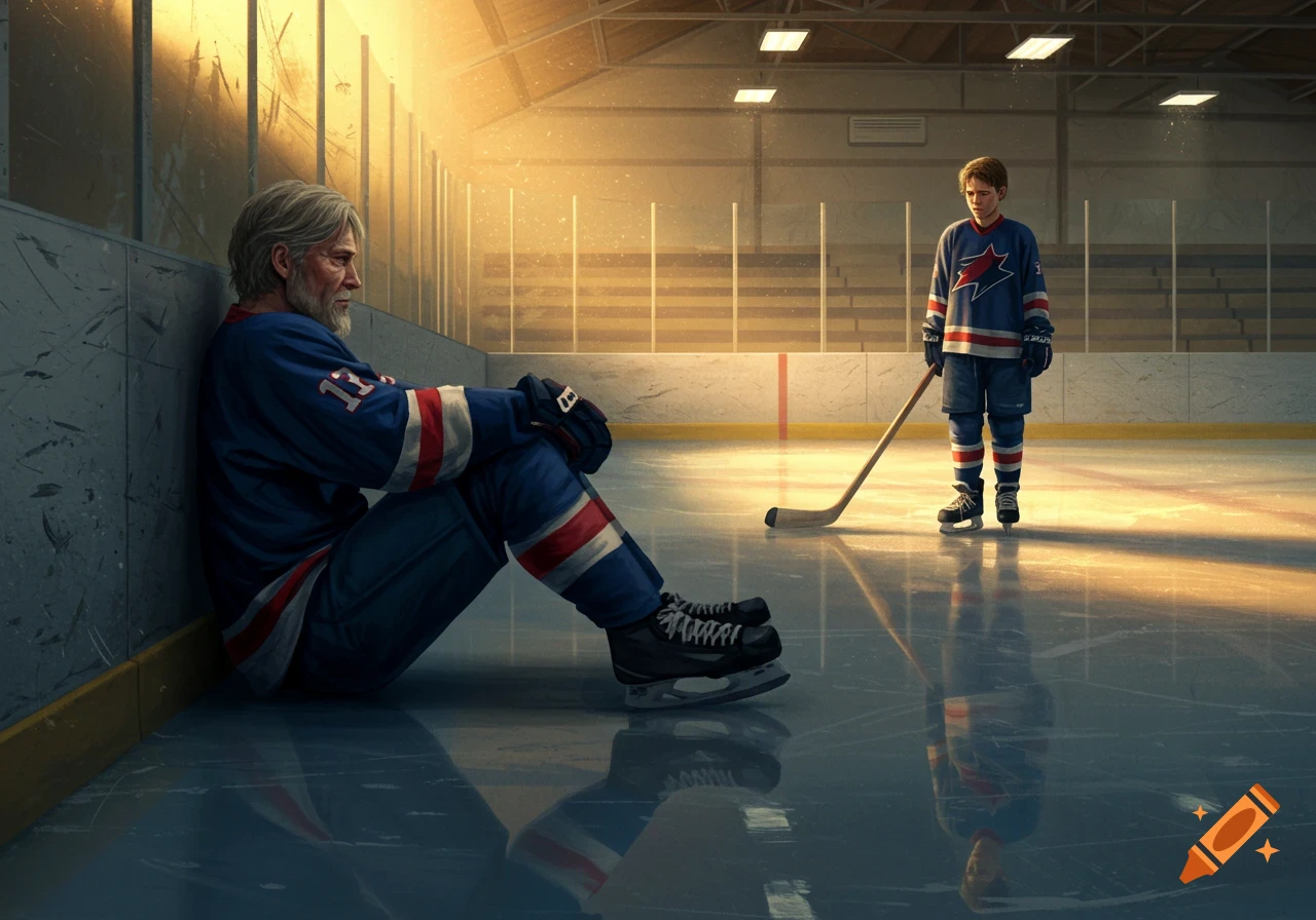 An old man and a young boy in hockey uniforms on an ice rink bathed in golden light. The man sits against a wall, watching the boy who stands holding a hockey stick.