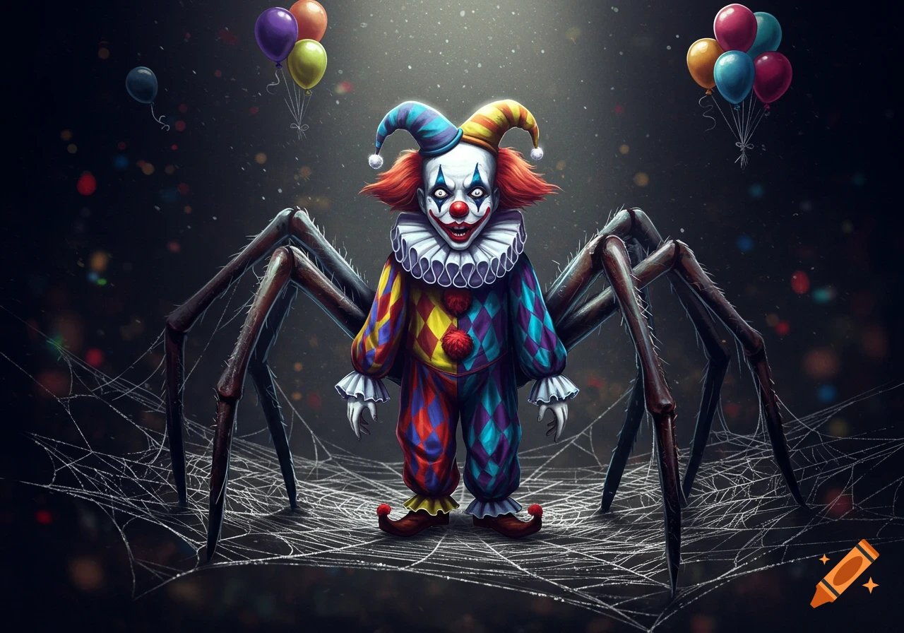 A creepy spider clown in a colorful harlequin suit stands on a web with balloons against a dark background, in a horror fantasy style.