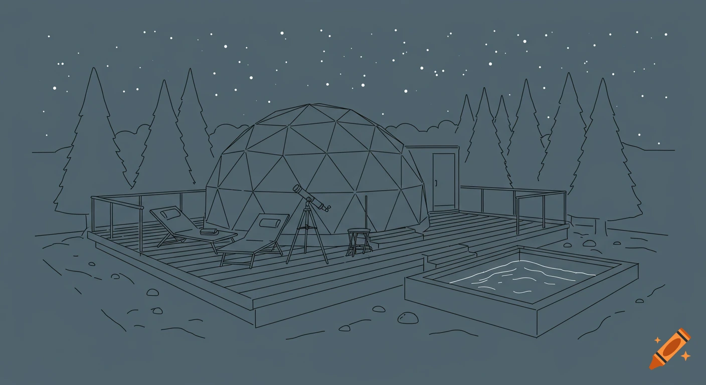 Minimalist line art of a geodesic dome with a telescope, lounge chairs, and a small pool on a wooden deck under a starry night sky, surrounded by trees.