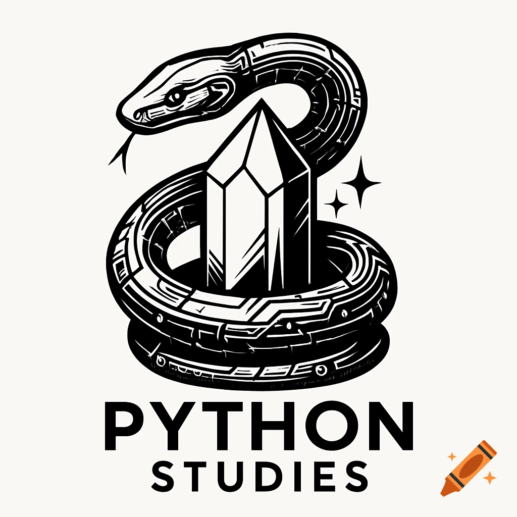 Black and white clipart logo featuring a coiled cybernetic python wrapped around a glowing crystal shard, with 'PYTHON STUDIES' text below.
