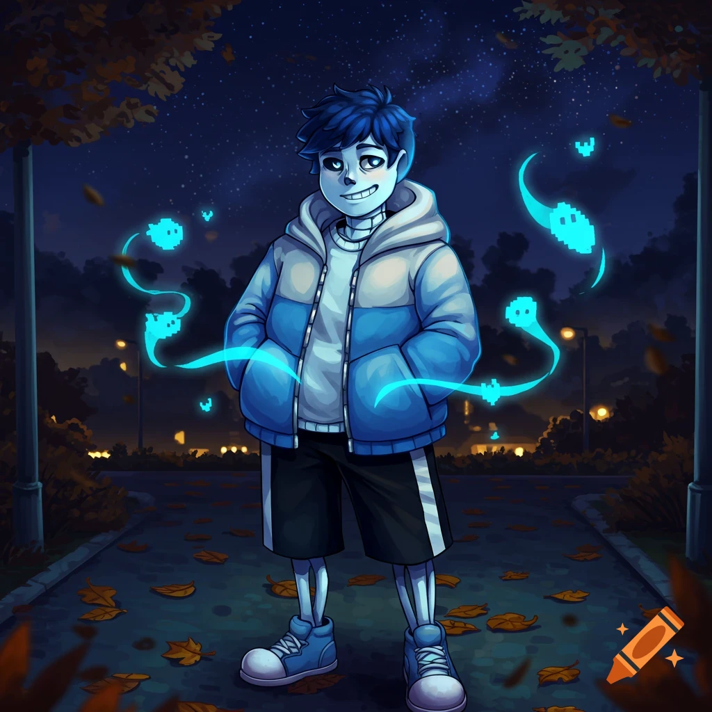 A humanized Sans character with blue hair and a skeleton-like body, wearing a blue and white puffer jacket and shorts, stands at night with glowing blue pixel spirits.