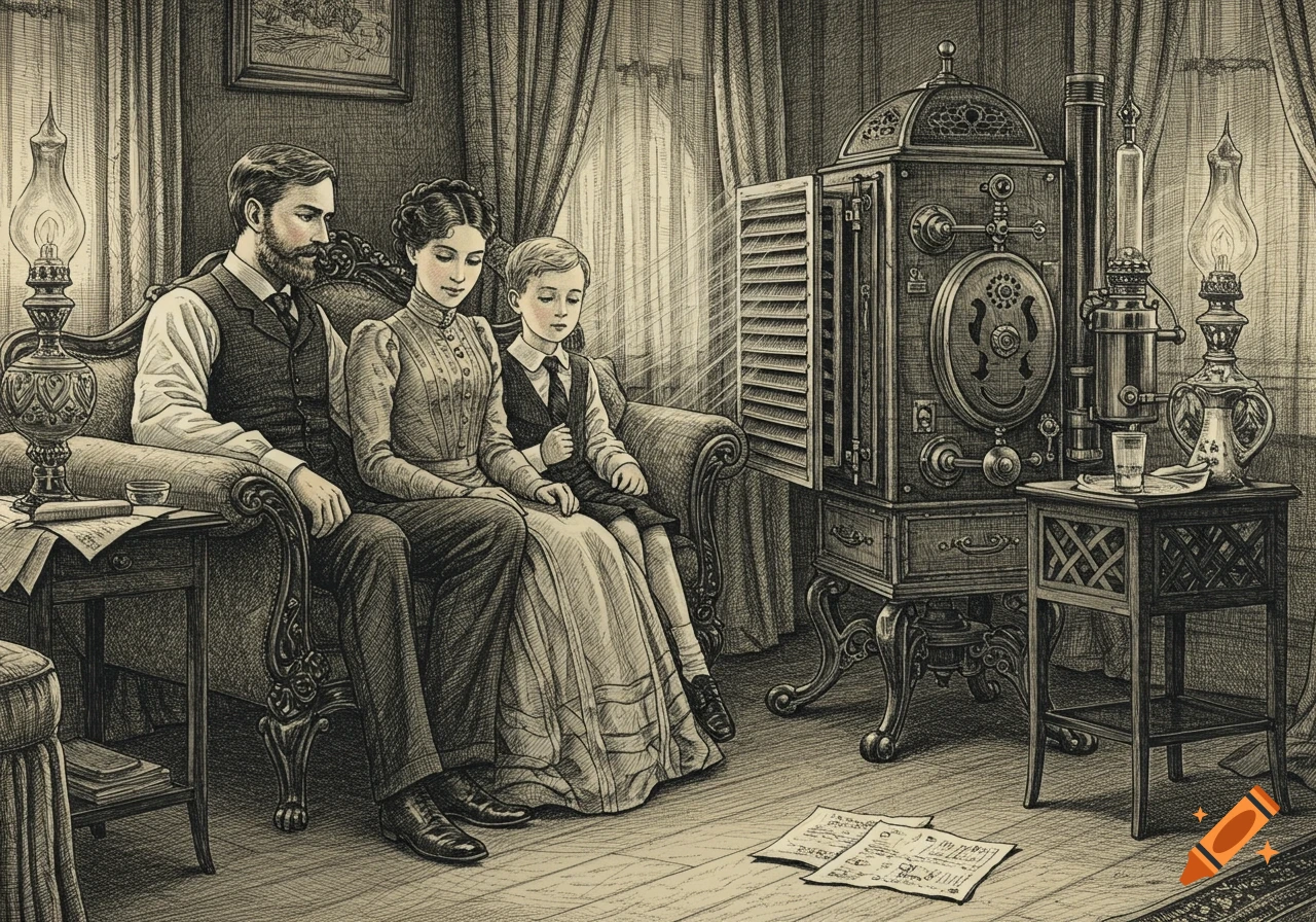 An ink and pen illustration of a Victorian family on a sofa, cooled by a large, ornate, steampunk-style air conditioning unit.